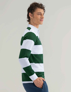 Polo de Rugby Personalizado de Alta Calidad para Hombre, Transpirable, Blanco con Rayas Teñidas en Verde, de Manga Larga y Corte Holgado - Product Image 6