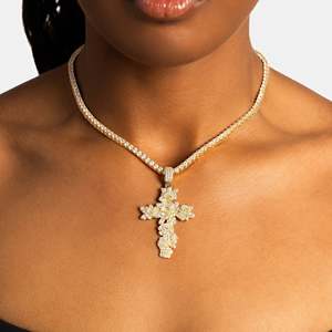 Luxury Iced Out Floral Cross Pendant Necklace 18K Gold Plated Moissanite Stone <b>Box</b> <b>Chain</b> Unisex Everyday Wear - Product Image 1