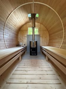 Sauna à charbon de bois de style nordique, cabine de sauna <span class=keywords><strong>extérieure</strong></span> en bois massif avec poêle intégré, finition moderne pour la maison et le jardin - Product Image 6