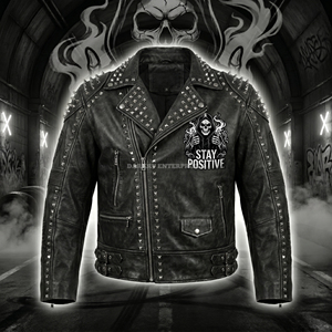Chaqueta de Cuero Personalizada ODM OEM con Gráfico de Calavera 'Stay Positive', Estilo Punk Rock, para Motociclistas, Ropa de Calle Gótica, Unisex - Product Image 2