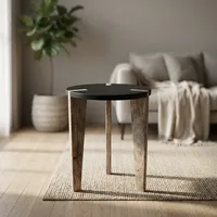 Table d'appoint moderne avec plateau rond en marbre et base en bois, meubles de salon faits à la main