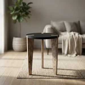 Modern <b>Round</b> Marble Top <b>Side</b> <b>Table</b> with Wooden Base Handmade Living Room Furniture - Product Image 5