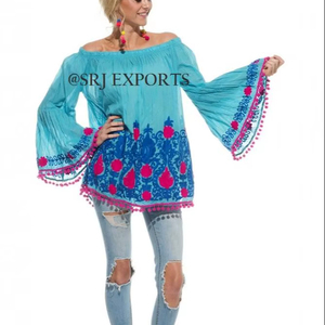 Long <b>Bell</b> Sleeve Imperial Aari Embroidered Floral Pom Pom Trim Beach Bohemian Blouse Tops Lace Decoration 100% Cotton - Product Image 1