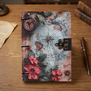 A5 Vintage World Map Handmade Paper <b>Notebook</b> | Eco Friendly High Quality Hardcover Lock Diary 100 Sheets Floral Compass Art - Product Image 1