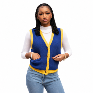 Cardigan en tricot bleu et jaune pour femme, sans manches, col en V, boutonné devant, pull décontracté - Product Image 1
