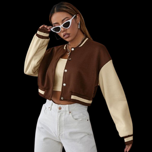 Veste courte de style universitaire pour femme, marron crème, couleur contrastée, manches longues, col boutonné, style streetwear automne - Product Image 1