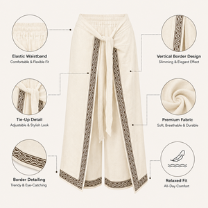 Pantalon Palazzo Femme Ivoire Ample à Jambes Larges avec Ceinture à Nouer, Bordure Géométrique, Taille Élastique, Style Bohème pour l'Été, la Plage et les Vacances, Coupe Décontractée - Product Image 5