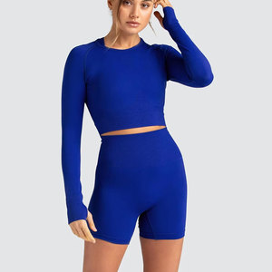 Blue 2 Piece Yoga Set Racerback Square Neck Long Sleeve Crop <b>Top</b> High Waist Shorts Solid Color Seamless Four-Way Stretch Spandex - Product Image 4