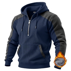 Sudadera con capucha de invierno para hombre, de forro polar 360GSM, con bloques de color y diseño de patchwork, media cremallera, cortavientos y cálida, tipo jersey, al por mayor - Product Image 2