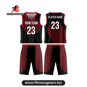 JUST FITNESS GEARS Ensemble de maillots de basket personnalisés à rayures rouges sublimés, anti-transpiration, unisexe, vêtements de sport pour adultes - Product Image 1
