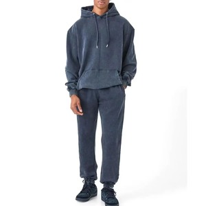 Unisex Dark Blue Washed Polyester Breathable <b>Lightweight</b> <b>Hoodie</b> Sweatpants Set Casual Loose Fit Full Sleeve Solid Tracksuit - Product Image 1
