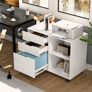 Meuble de rangement roulant à 3 tiroirs avec roulettes, support d'imprimante en bois blanc avec étagères ouvertes pour bureau à domicile - Product Image 1