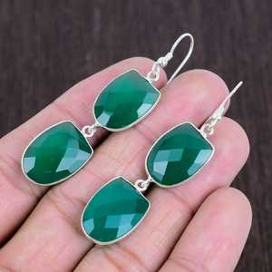 Boucles d'oreilles pendantes en onyx vert facetté, argent sterling 925, bijoux bohèmes faits à la main, pierre précieuse unique, cadeau pour femme - Product Image 4