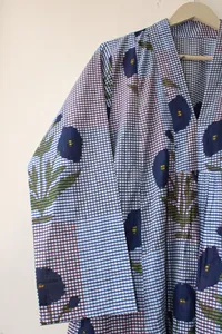 Women Hand Block Print Cotton Maxi <b>Dress</b> Blue Floral <b>Loose</b> Fit V Neck A Line Long <b>Dress</b> - Product Image 4
