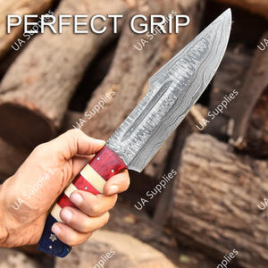 Cuchillo Bowie de Caza para Exteriores de Acero de Damasco Forjado a Mano, Hoja de Punta Caída, Espiga Completa, Afilado como una Navaja, Profesional, Fijo, con Empuñadura de Madera y Hueso Coloridos - Product Image 5