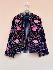 <b>Top</b> Trendy Blue Velvet Suzani Floral Jacket Embroidered Bomber Jacket Ethnic Winter <b>Coat</b> for Women - Product Image 1