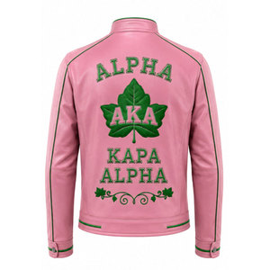 Chaqueta de Cuero Rosa Bordada Alpha Kappa Alpha AKA para Hombre, Estilo Casual con Cuello Camisero, Cierre de Cremallera y Logotipo en la Espalda - Product Image 6