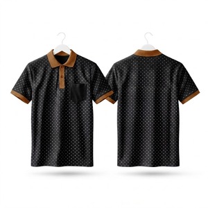 เสื้อโปโลผู้ชายสีดำลายจุดสีน้ำตาลแบบสั่งทำพิเศษ มีกระเป๋า ขอบสีดำเรียบเนียน แขนสั้น ผ้าฝ้าย เสื้อกอล์ฟ เสื้อฤดูร้อน - Product Image 1