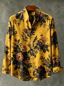 Chemise Homme Tendance en Coton Respirant, Motif Floral Vintage Rose Épanouie Entièrement Imprimé, Col Revers, Manches Longues, Motif Dessiné à la Main Style Urbain - Product Image 5