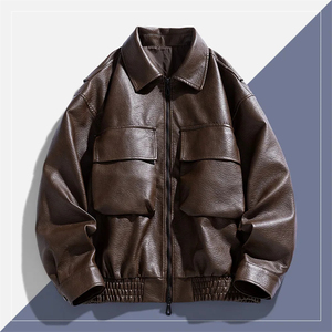 2026 Autumn Casual <b>Thin</b> Slim PU Leather Bomber <b>Jacket</b> for <b>Men</b> with Front Logo and Zipper Closure - Product Image 4
