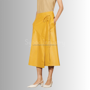 Jupe longue élégante en cuir de mouton véritable plaqué pour femmes, grande taille, occasion de bureau avec décoration plissée, taille naturelle - Product Image 2