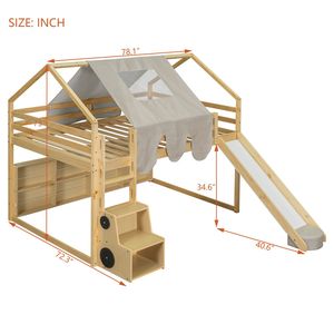 Letto a soppalco in legno a grandezza naturale con struttura a forma di casetta e tenda beige naturale per bambini - Product Image 6