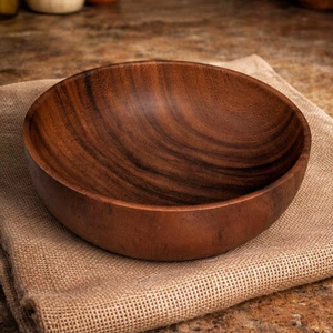 Bol à salade en bois d'acacia artisanal : bols ronds ondulés écologiques à grain unique, vaisselle de cuisine artisanale, passe au lave-vaisselle, classique - Product Image 1