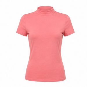 T-shirt personnalisé rose corail pour femme, coupe ajustée, col montant, manches courtes, en jersey de coton peigné lisse - Product Image 1