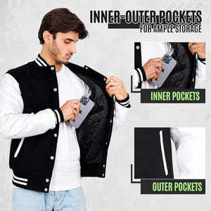 <b>Men</b>’s Varsity <b>Jacket</b> with Genuine Leather Sleeves, Wool Blend Baseball <b>Jacket</b>, <b>Lightweight</b> Bomber Coat for Casual Streetwear - Product Image 5
