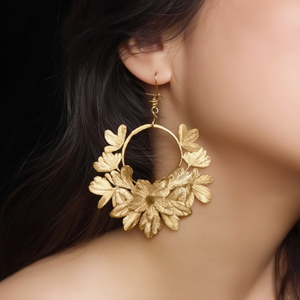 Vintage Trendy Matte Gold Flower Drop Ear Chains - Product Image 3