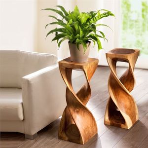 Tabouret bas sculpté en bois massif avec motif floral, ottoman contemporain en bois pour chambre, hôtel, maison - Product Image 4