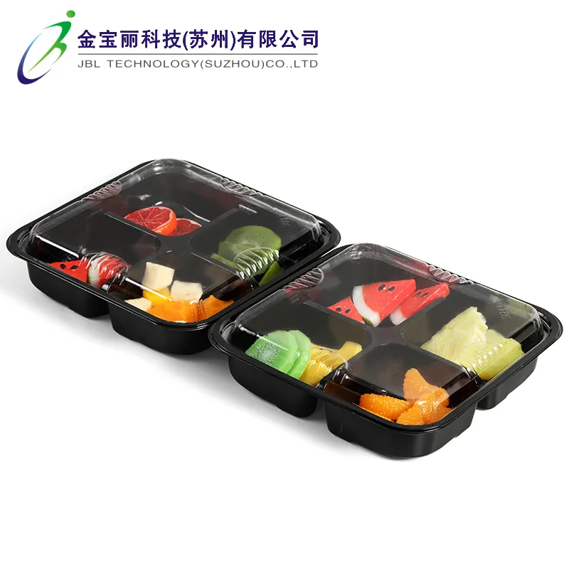 Personalização Model-118G plástico pet grau alimentício 4 compartimentos bandeja interna preta caixa de embalagem com cobertura transparente caixa dura