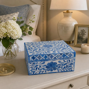 Handmade Blue Bone Inlay <b>Floral</b> Decorative Jewelry <b>Storage</b> <b>Box</b>, Luxury Housewarming Gift - Product Image 3