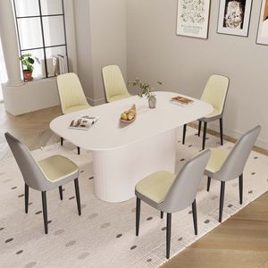 Tavolo da Pranzo in Stile Moderno Medievale da 63 Pollici in MDF Color Crema con Set di Sedie da Pranzo in PU, Piano Assemblabile e Gambe in Metallo Nero - Product Image 2