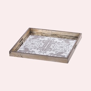 Square Wood Storage <b>Tray</b> With Distressed Finish And Classic Pattern Design For Table Use - Product Image 1