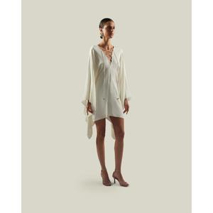 Robe longue tunique de soirée formelle faite à la main de haute qualité, couleur personnalisée, polyester/coton, col haut, manches longues, naturelle - Product Image 1