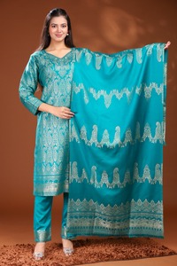 ชุดสัลวาร์ คามีซ ผ้าวิสโคสผสมขนสัตว์ ปักลายสีเขียวขุ่น ทรงเข้ารูป สำหรับฤดูหนาว ชุดเดรสแบบดั้งเดิมสำหรับผู้หญิง ผ้าทอแจ็คการ์ด รีไซเคิล เหมาะสำหรับงานปาร์ตี้ - Product Image 4