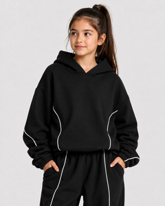 Sudadera con capucha negra para niña con línea de contraste, informal, holgada, transpirable, de forro polar premium, tipo jersey, al por mayor - Product Image 1