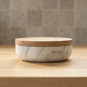 Natural Marble <b>Bowl</b> <b>with</b> Wooden <b>Lid</b> Decorative Storage <b>Bowl</b> Kitchen Serving Container Food Storage <b>Bowl</b> Home Restaurant - Product Image 5