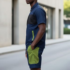 Ensemble de survêtement bleu marine pour homme, avec blocs de couleur, manches courtes, fermeture éclair, vêtements de sport à séchage rapide, tenue décontractée d'été pour l'entraînement - Product Image 6