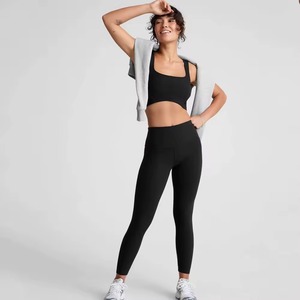 Nouvel ensemble 2 pièces OEM pour femme, taille haute, couleur unie, grande taille, avec leggings mi-longs et ceinture superposée, collection Darkest Night - Product Image 1