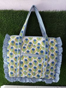 Elegant Cotton Quilted Large Frill Tote <b>Bag</b> Handmade Printed Shoulder Purse for Office <b>College</b> Shopping and Daily Essentials - Product Image 2