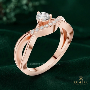 Designer Round Diamond Engagement <b>Ring</b> With Sculpted <b>Split</b> Shank And V Shaped Diamond Accent Row Solid Shank <b>Ring</b> For Ladies - Product Image 5