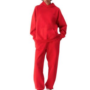 Conjunto de Sudadera con Capucha Roja Extra Grande para Mujer y Pantalones Deportivos, Color Sólido, Tejido de Felpa, Ropa de Otoño, Manga Larga, Estilo Casual - Product Image 5