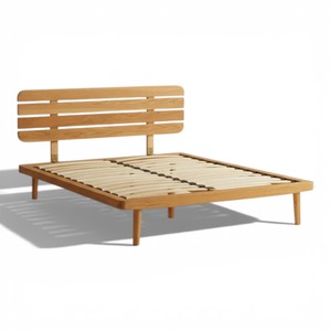 โครงเตียงไม้สักแท้สไตล์โมเดิร์น พร้อมหัวเตียงแบบระแนง สไตล์สแกนดิเนเวียนกลางศตวรรษ ขนาดควีนไซส์/คิงไซส์ เฟอร์นิเจอร์ห้องนอน - Product Image 1