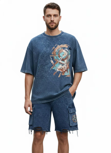 Conjunto de Verano de Dos Piezas para Hombre, Camiseta y Pantalones Cortos Casuales de Poliéster/Algodón Transpirable, con Logotipo Frontal Impreso por Transferencia Térmica - Product Image 2