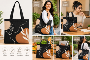 Bolsa de Mano de Lona Negra para Mujer, Estilo Minimalista Boho con Estampado de Hojas, Bolsa de Compras - Product Image 5