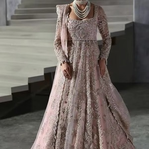 Floral Threadwork <b>Sequin</b> Detailing And Long Sheer Sleeves For Elegant Daytime Wedding Reception Or Engagement - Product Image 5