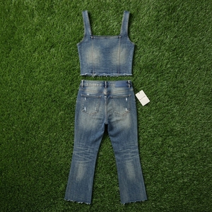Women Blue Denim Crop <b>Top</b> And Flare Jeans Set Sleeveless Two Piece Casual Streetwear Matching Outfit Vintage Fashion - Product Image 5