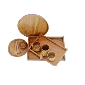 定制餐盘100% 天然木碗眼镜勺子和马克杯高品质木制餐具套装